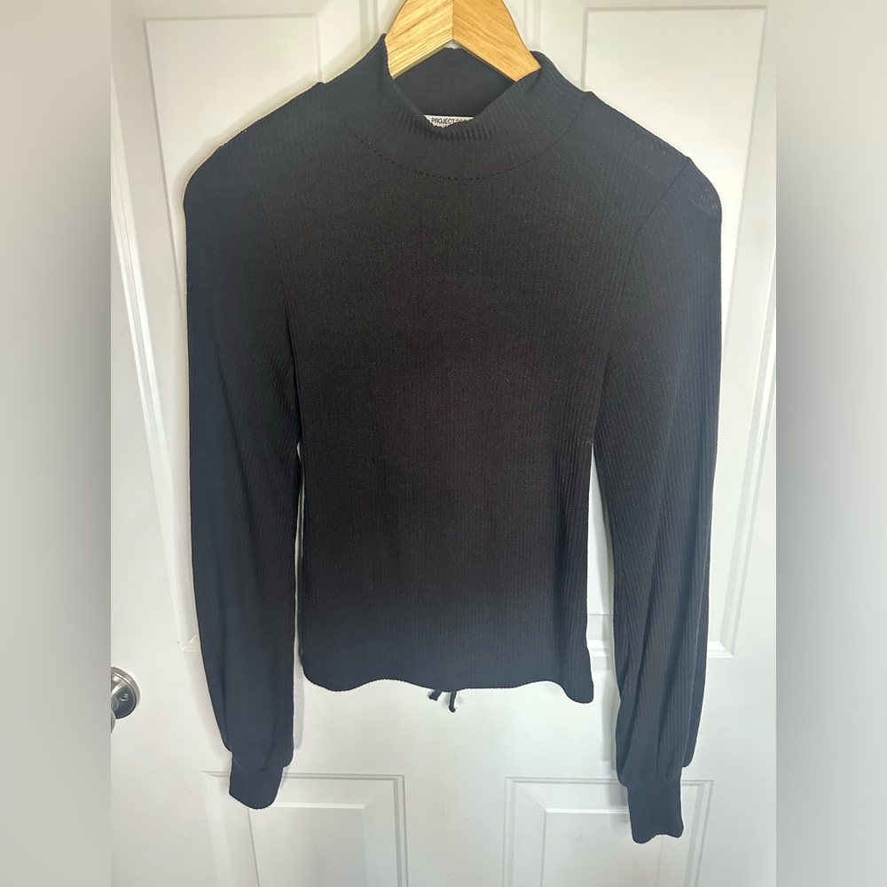 Project Social T Black Ribbed Mock Neck Long Sleeve with Beautiful tie back